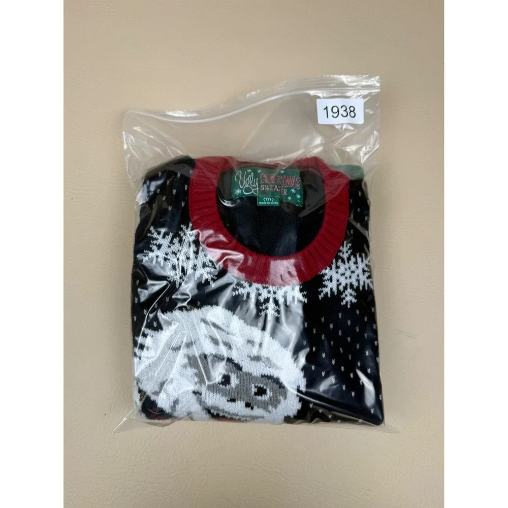 Ugly Christmas Sweater M Bigfoot Yeti Holiday Plaid Vest Snowflakes Black